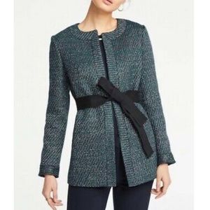 NWT Ann Taylor Green Black Metallic Tweed Front Open Jacket